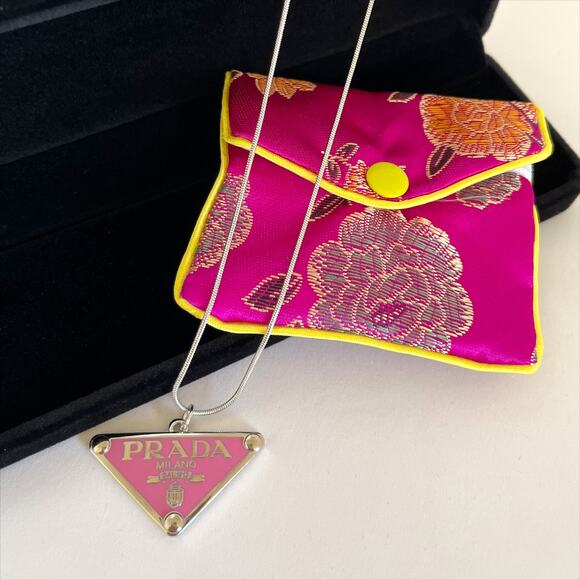 PRADA Triangle Logo Pink Silver Pendant Stamped Necklace Charm Snake Chain - Picture 9 of 12